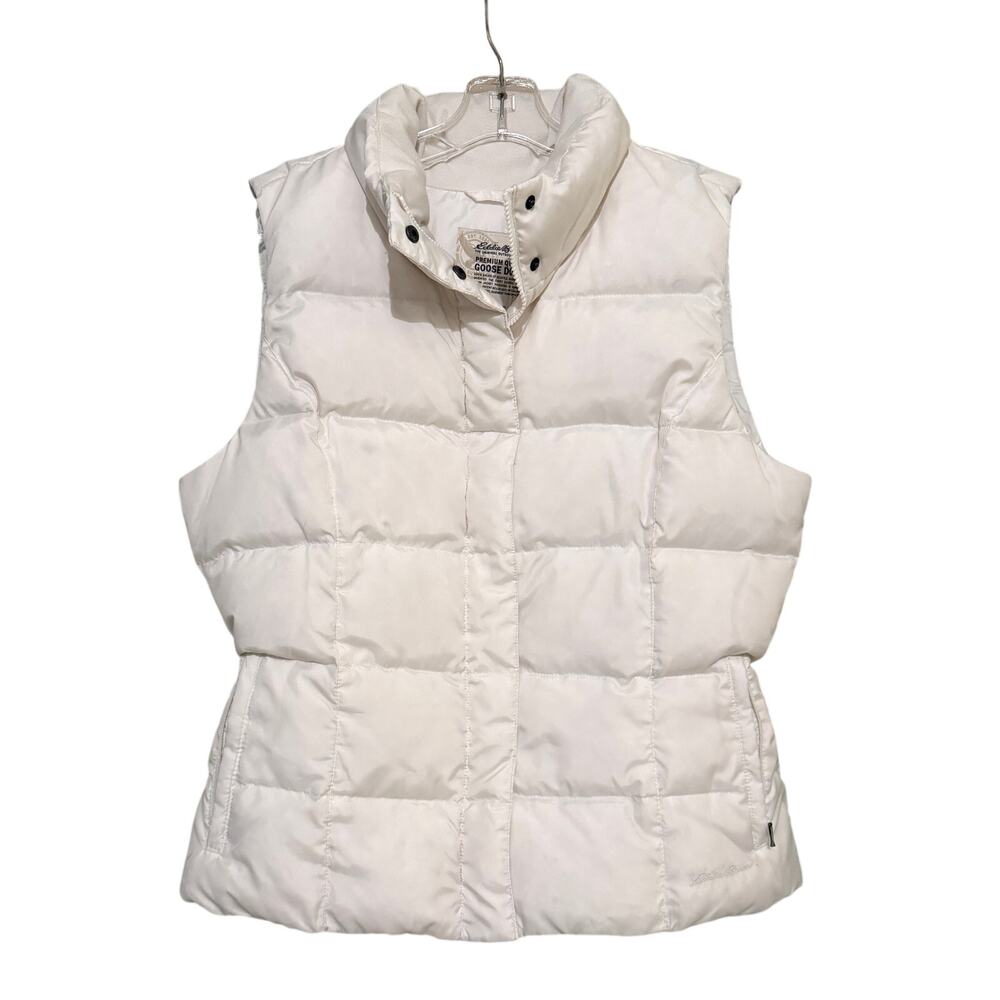 Eddie Bauer Premium Goose Down Puffer Vest White Large Snap Zip Winter Coat